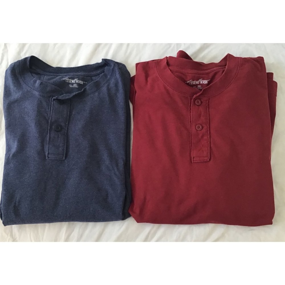 Eddie Bauer Shirt Henley Men's Blue, Red Legend Wash Long Sleeve Sz XXL Lot of 2